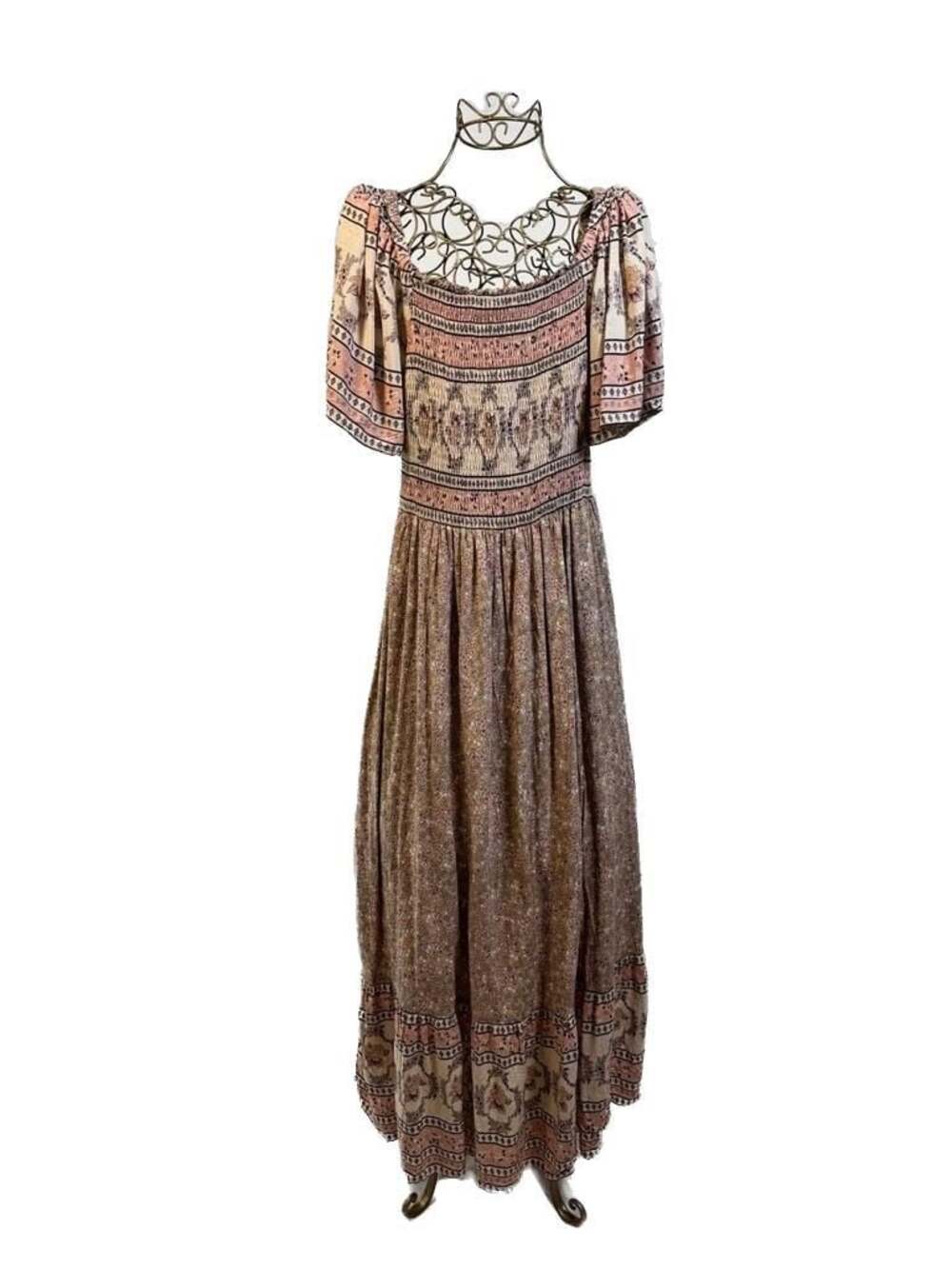 In Loom Border Print Flutter Sleeve Smocked Maxi Dress, Size Medium - Picture 2 of 10